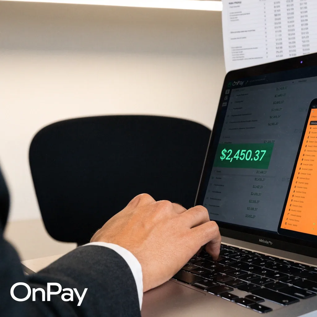A payroll clerk working at a keyboard in a dim back office at night, screens glowing ahead