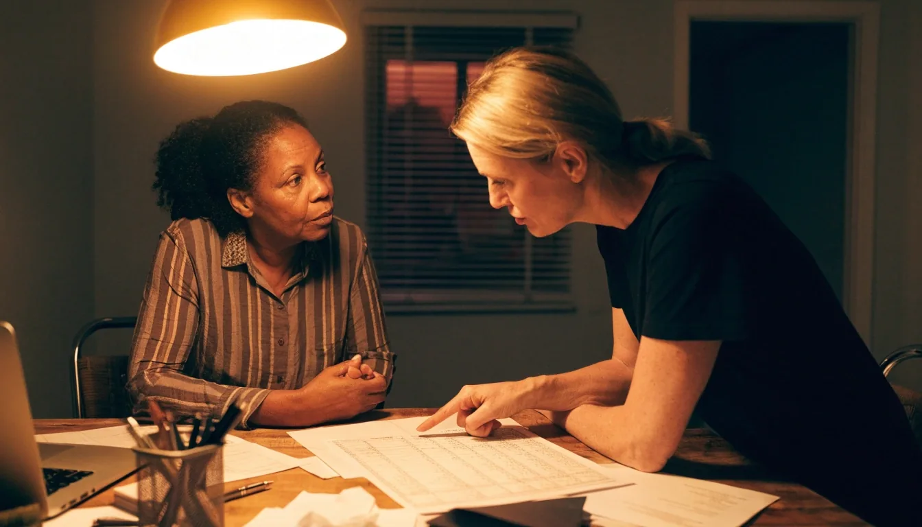 A small-business owner and a bookkeeper reviewing a printed payroll sheet across a table at dusk