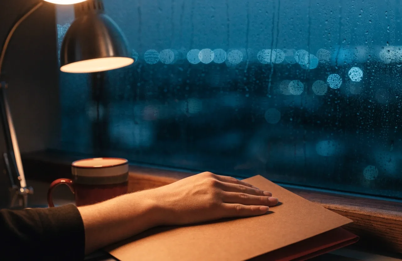 Quiet night office window with city lights out of focus above an empty desk in the editorial office