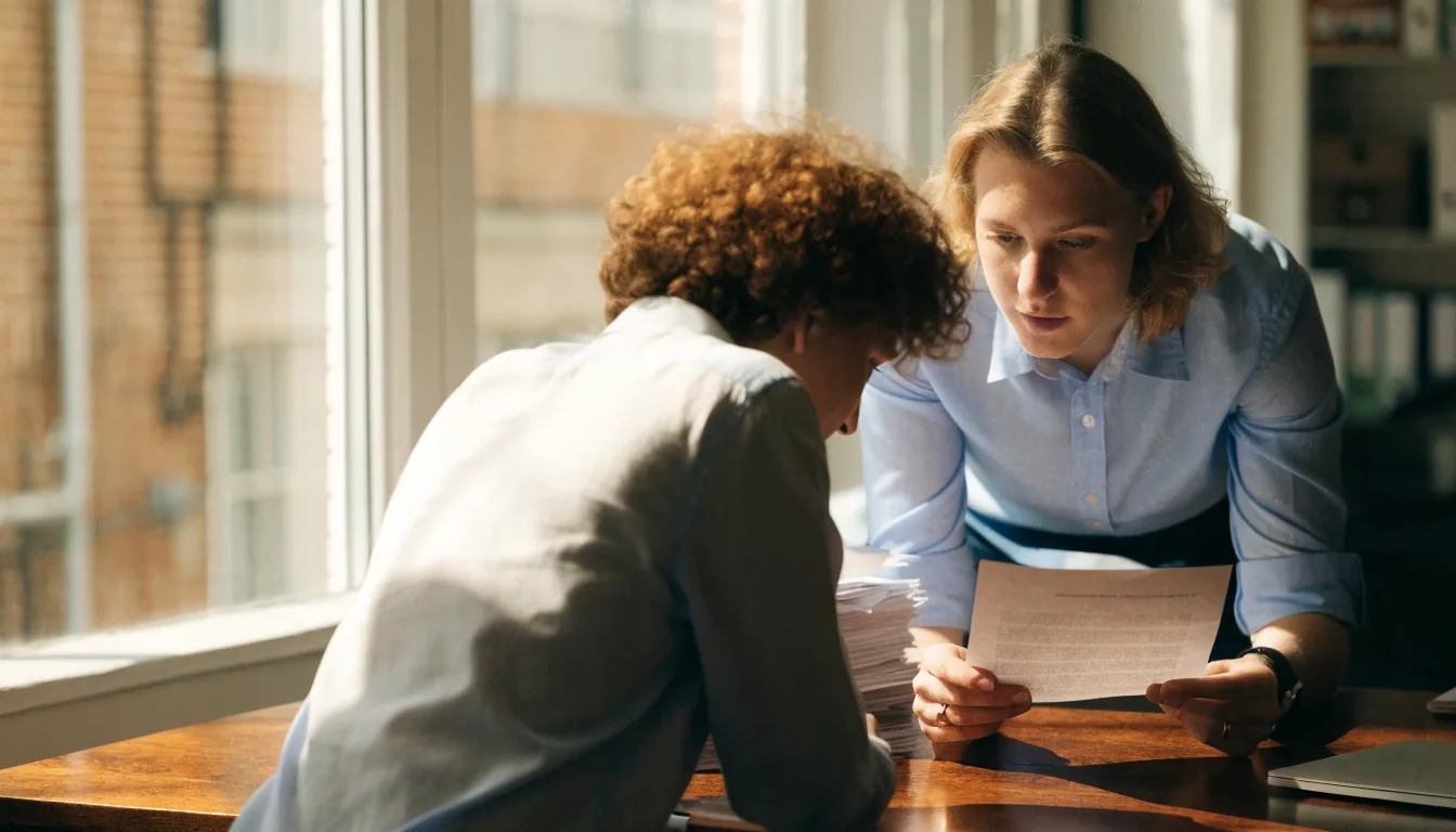 Two colleagues reviewing a printed page together at a table in a daylight payroll office