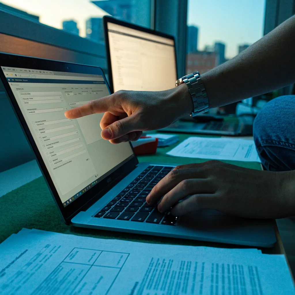 Hands adjusting browser settings on a laptop at a payroll back-office desk in the evening