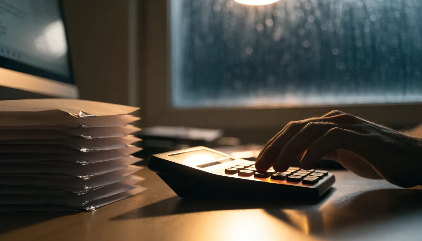 A payroll settlement sheet on a desk under a warm lamp at night, rain on the window behind