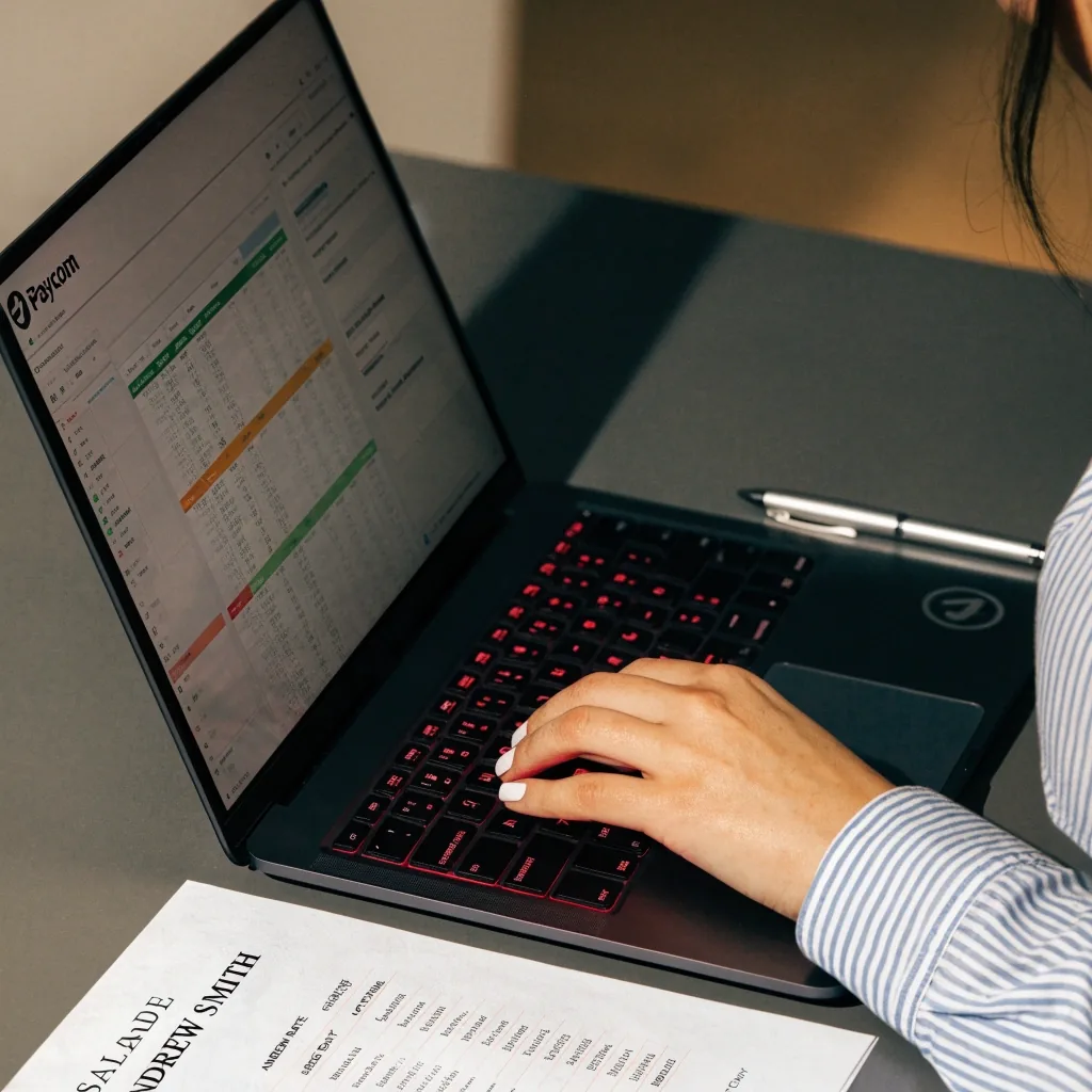 Hands sorting timesheets beside a desk calendar and a wall clock at night