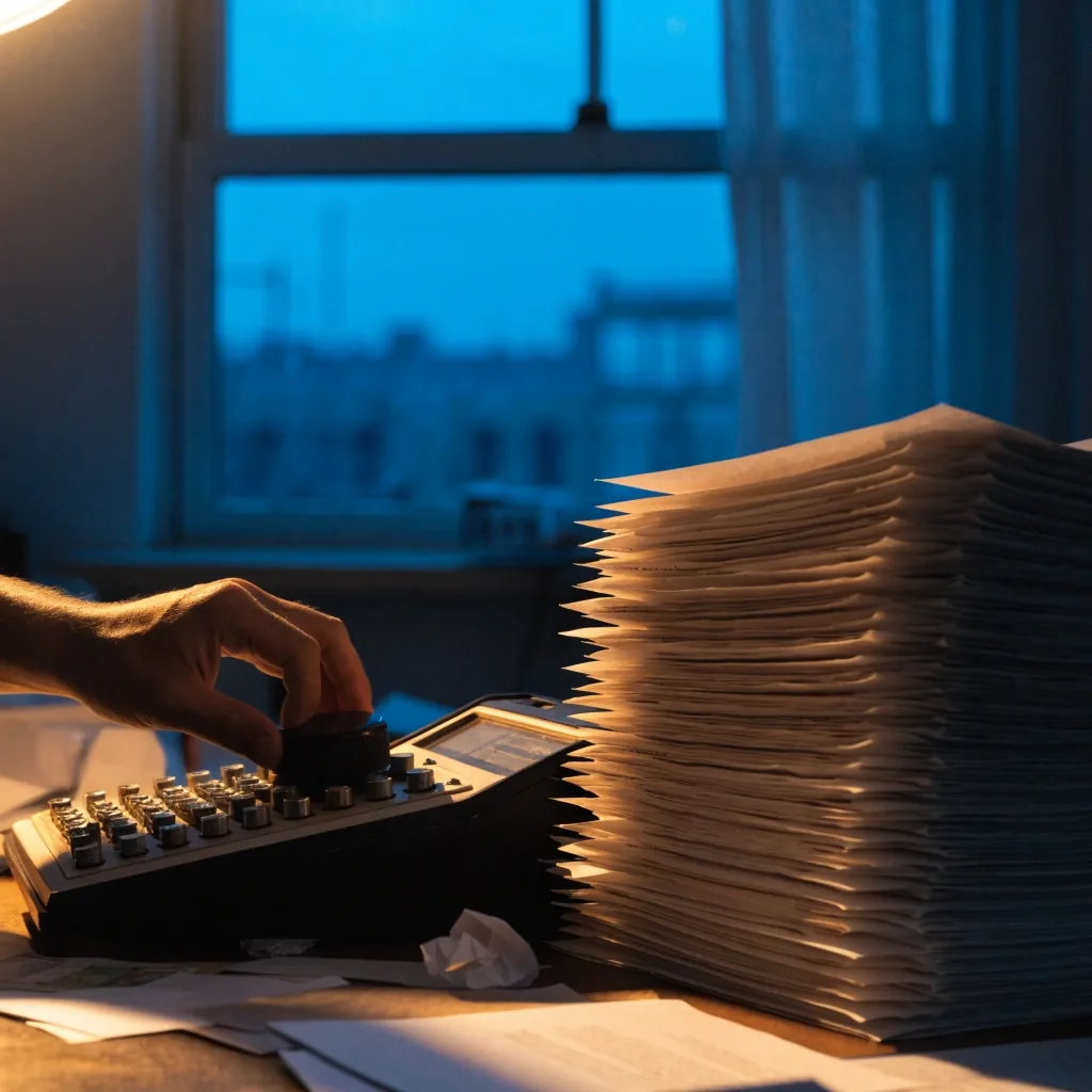 A back-office desk at dusk with a calculator, a stack of paper and a warm lamp beside a dark window