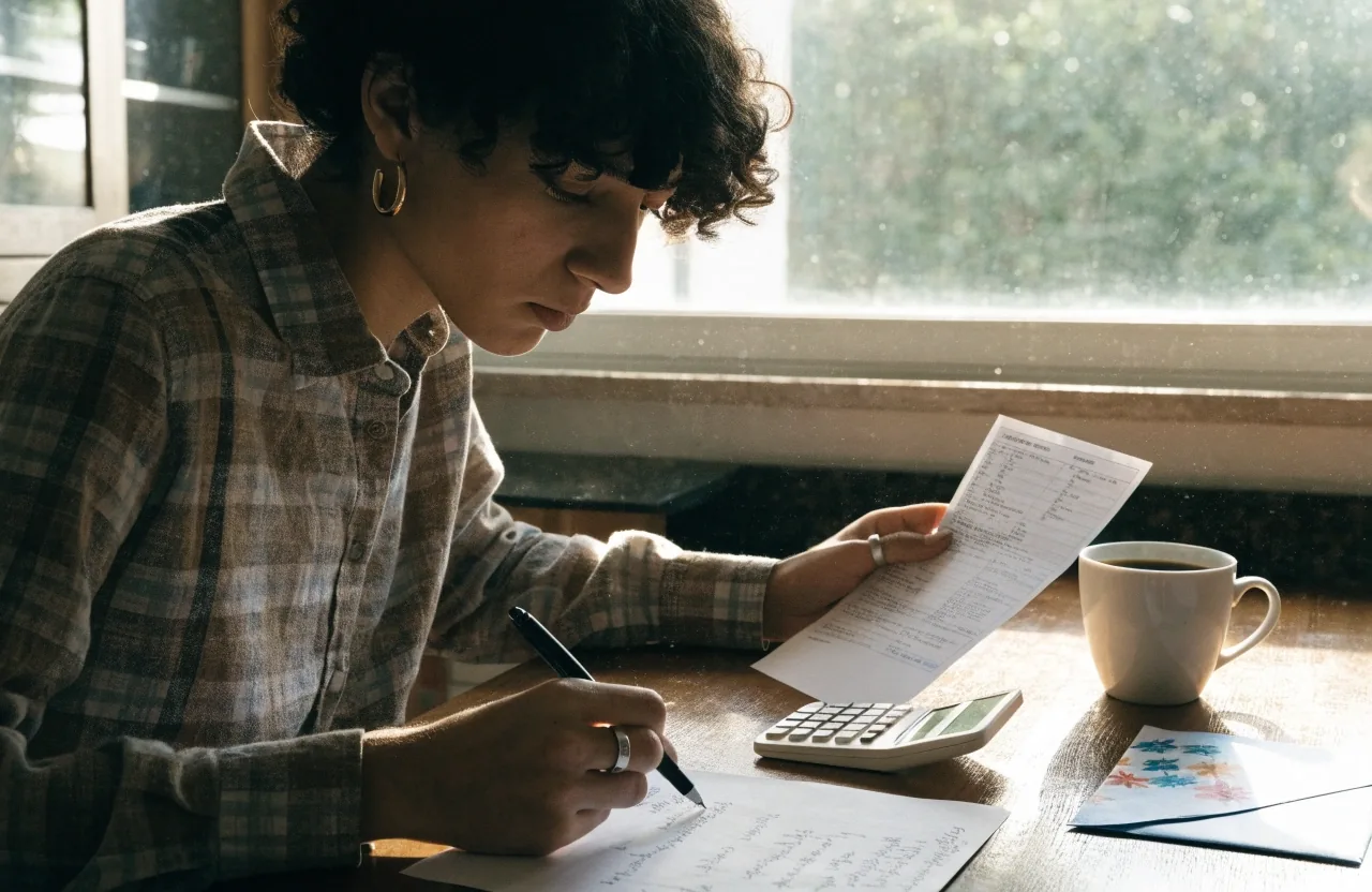 A person at a table comparing a printed payslip against a calculator and a handwritten note