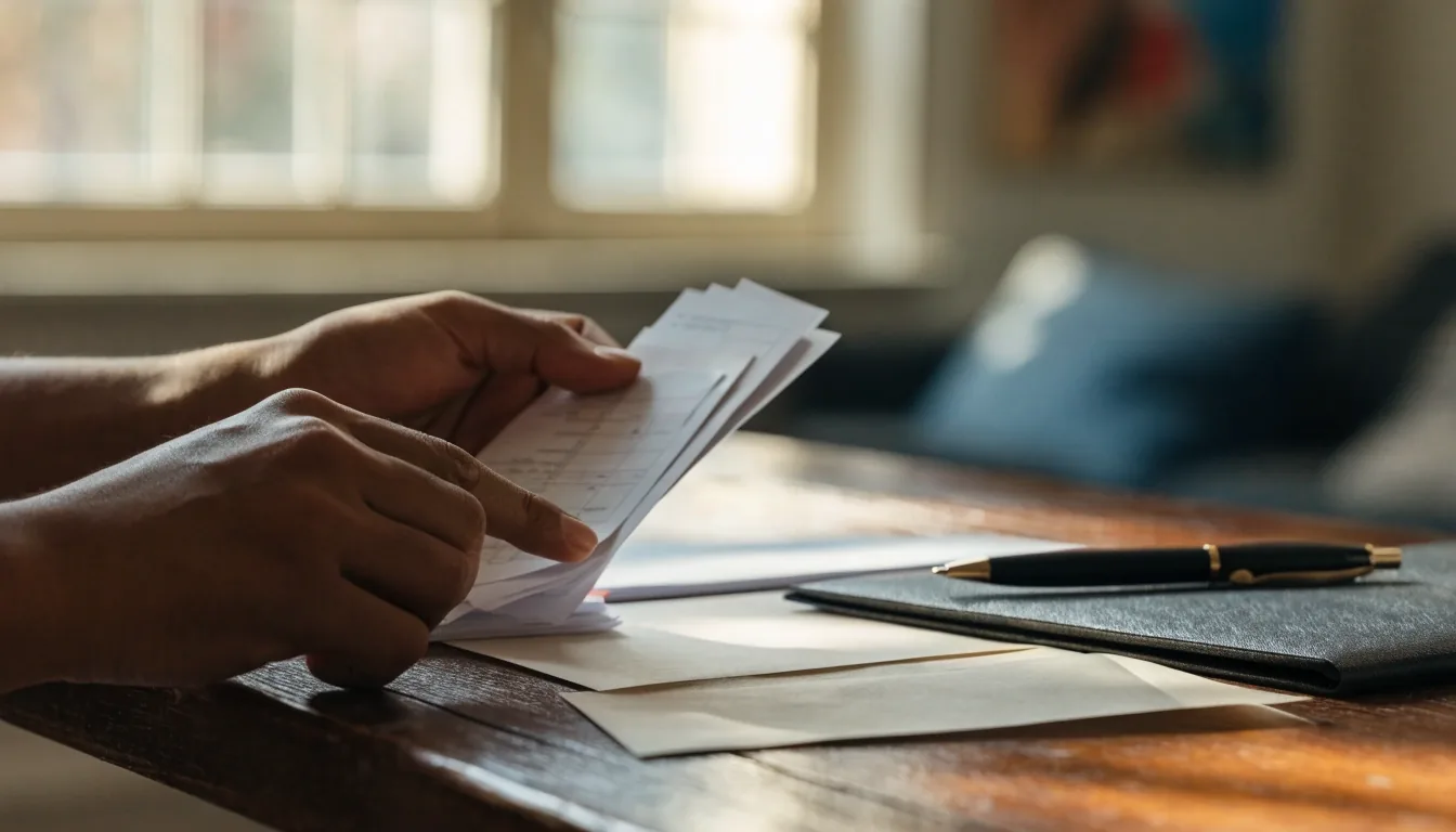 Hands sorting a small stack of paper payslips and envelopes on a table beside a folder and pen