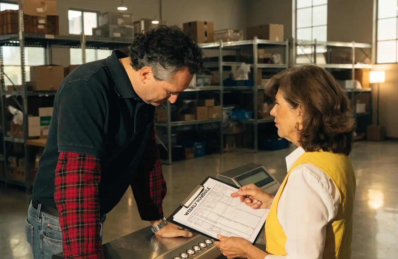 A supervisor and an administrator reviewing a printed weekly schedule near a time clock station
