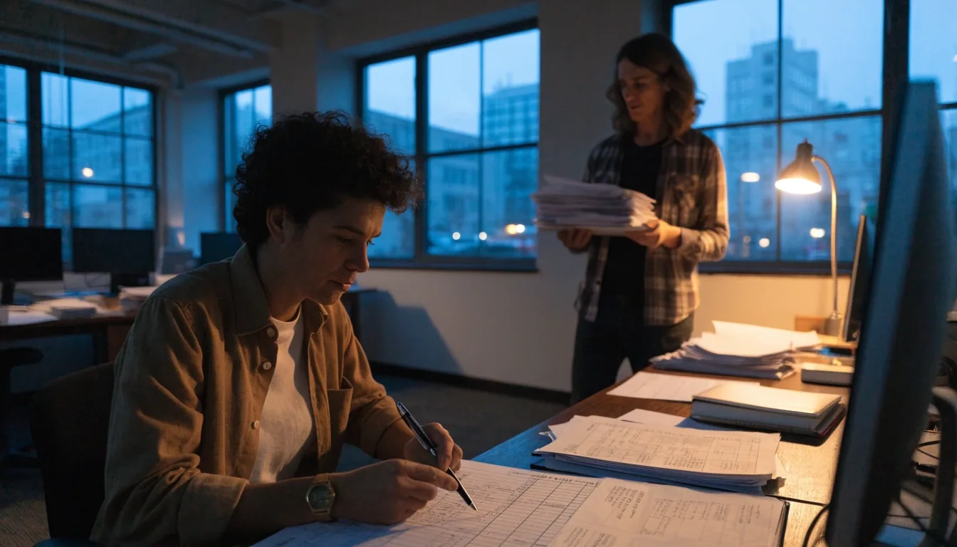 A payroll clerk sorting printed paystubs and a timesheet under a desk lamp at night