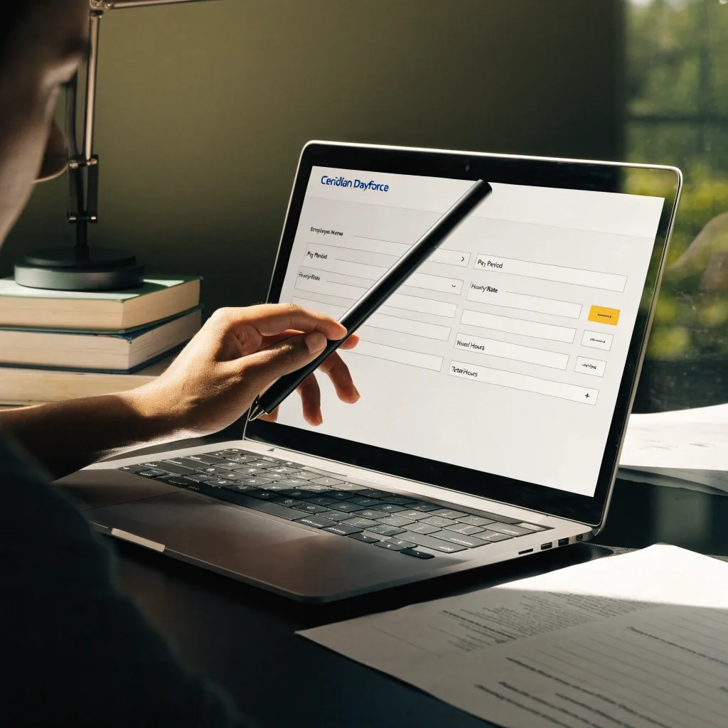 A payroll administrator working at a keyboard in an office at dusk, folders stacked beside the desk