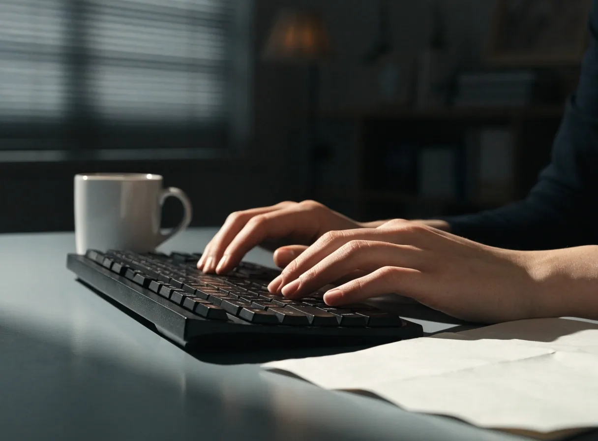 Hands typing at a home office desk beside a mug and a folded sheet of paper