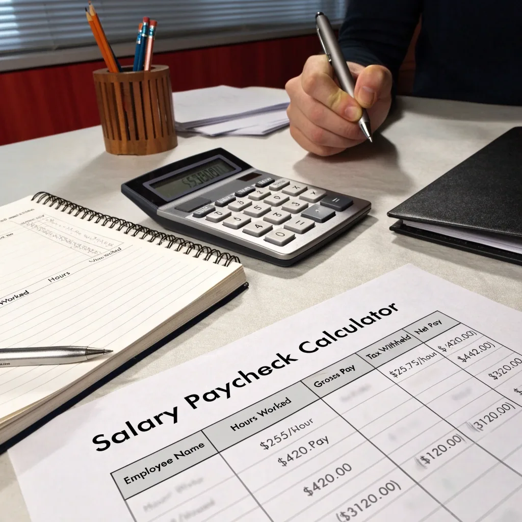 Payroll administrator entering hours at a keyboard in a dim back office