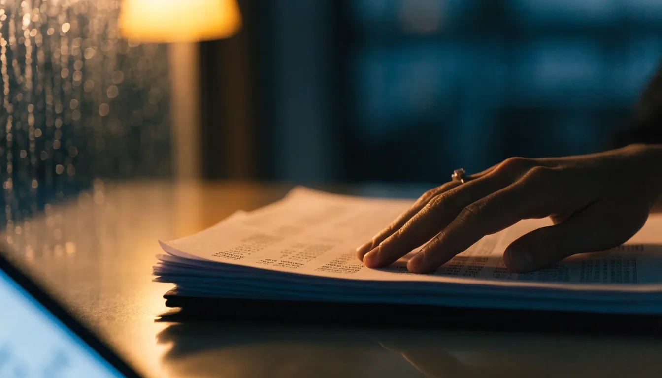 Payroll paperwork under a warm desk lamp at night, with a rain-streaked window behind