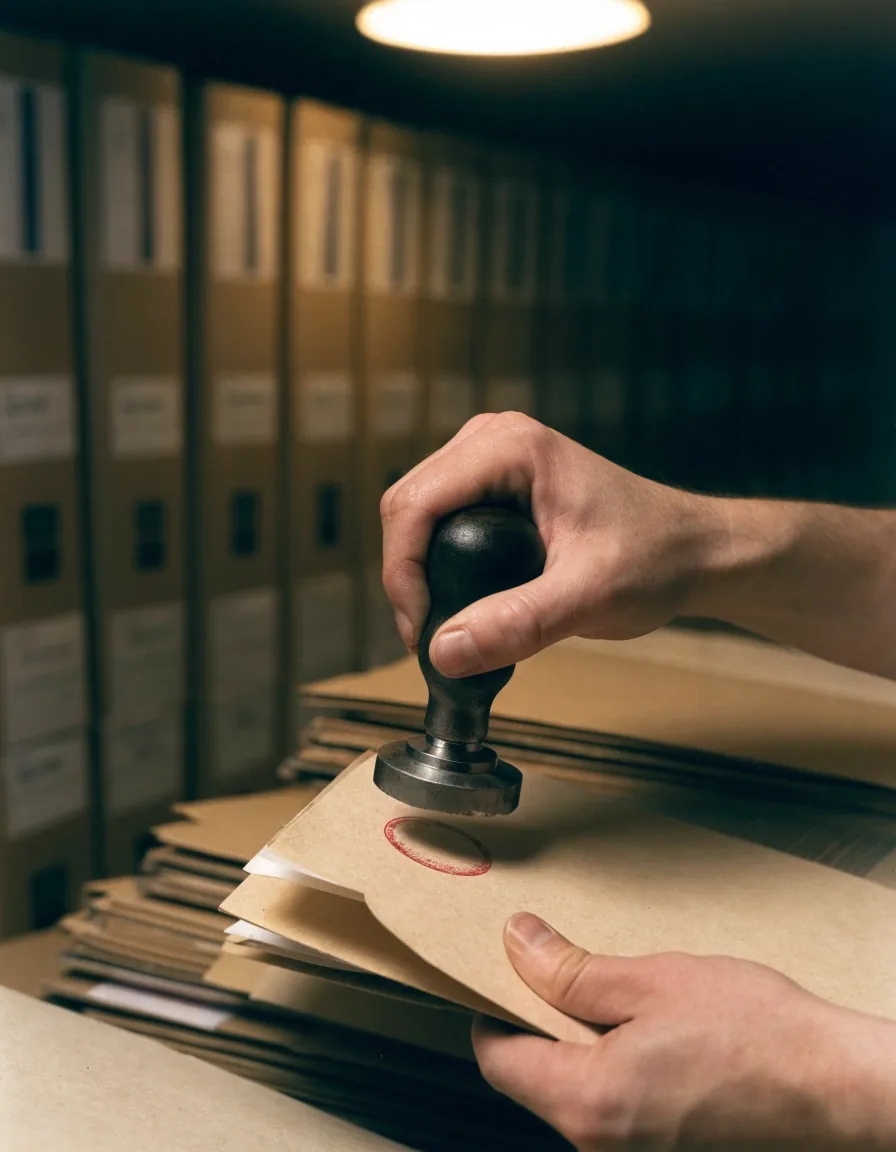 A hand placing a printed page into a folder on a payroll office desk under warm lamp light