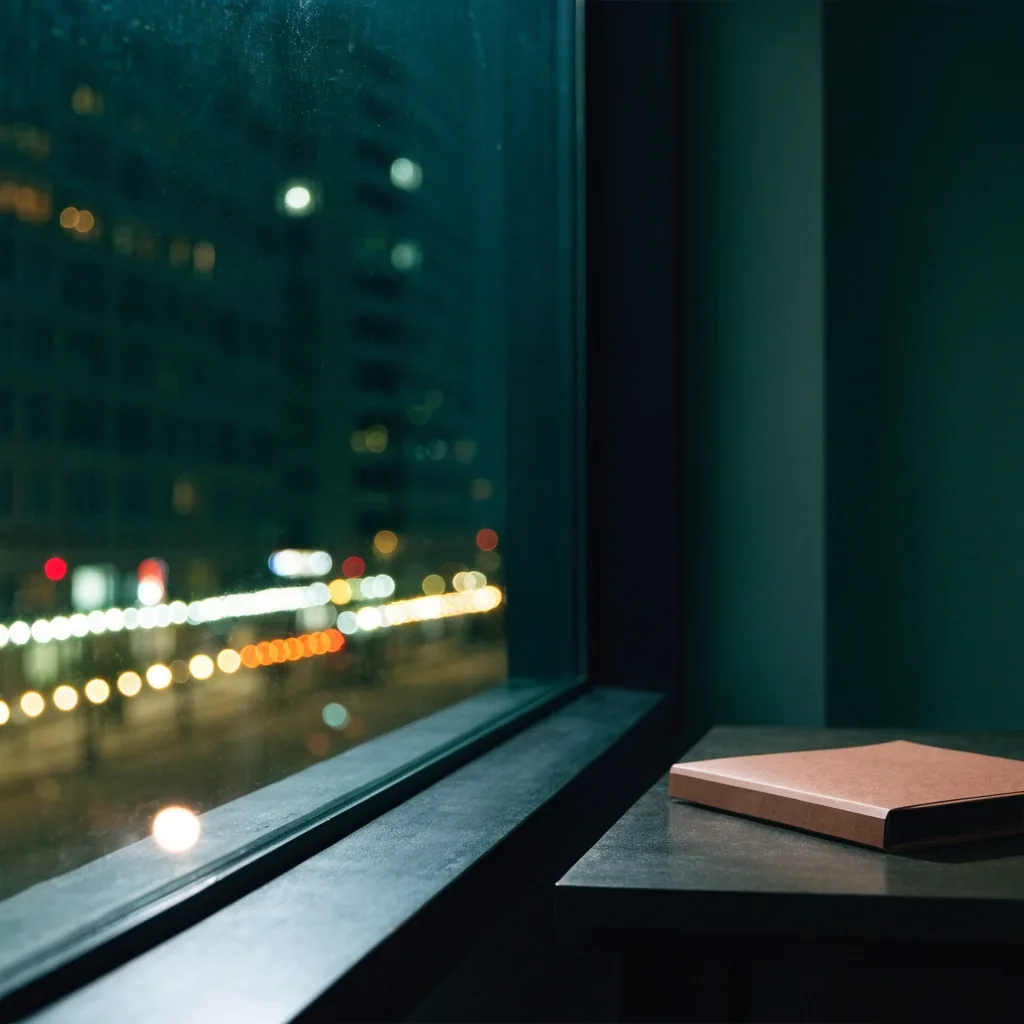 A quiet payroll office window at night with city lights blurred beyond the glass and a closed folder on the desk edge